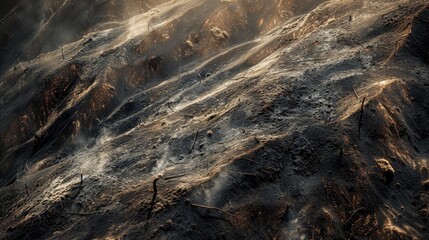 Detailed capture of a burnt mountain area, emphasizing the textures of ash and scorched earth, conveying the severity of wildfires