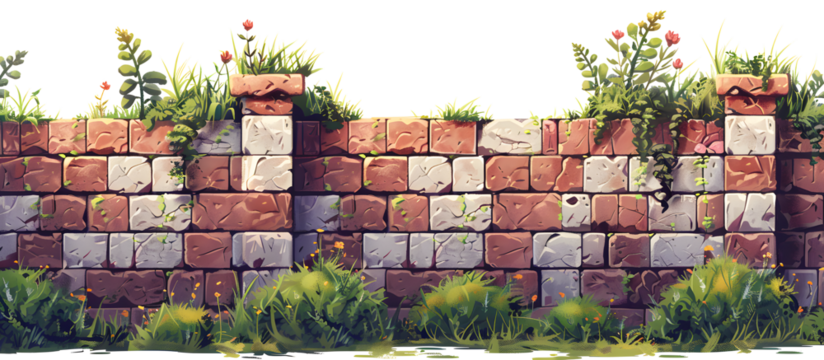 brick wall covered with grass pattern background, 2D game level rocks with grass, cartoon illustration for game design, platformer game elements on white and transparent background