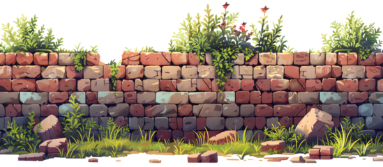 brick wall covered with grass pattern background, 2D game level rocks with grass, cartoon illustration for game design, platformer game elements on white and transparent background
