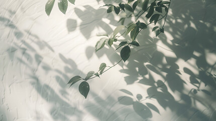 Abstract tree shadow blurred background with leaves tree branch and light shadow on white wall : Generative AI