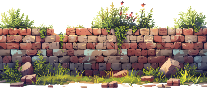 brick wall covered with grass pattern background, 2D game level rocks with grass, cartoon illustration for game design, platformer game elements on white and transparent background