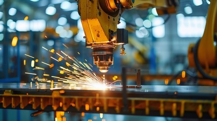 Close view of an automated welding process by a robotic worker, highlighting the precision and efficiency of modern factory technology