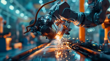 Fototapeta premium Close view of an automated welding process by a robotic worker, highlighting the precision and efficiency of modern factory technology