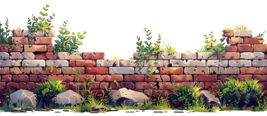 brick wall covered with grass pattern background, 2D game level rocks with grass, cartoon illustration for game design, platformer game elements on white and transparent background © Take ME