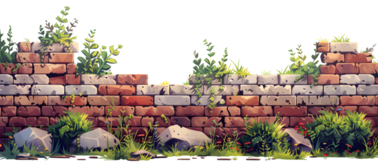 brick wall covered with grass pattern background, 2D game level rocks with grass, cartoon illustration for game design, platformer game elements on white and transparent background