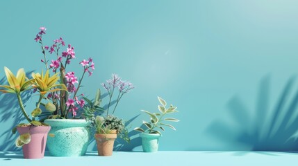 Photorealistic illustration of potted plants and flowers against a blue pastel background with copy space for text or logo, beautifully illuminated by studio lighting 