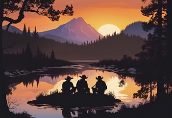 silhouette of 2 cowboys sitting around a campfire, by a river in a forest, two horses grazing nearby, sunset illuminates a mountain in the background