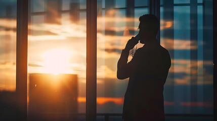 Silhouette of a businessman man in a modern office on the background of the window a man talking on the phone : Generative AI