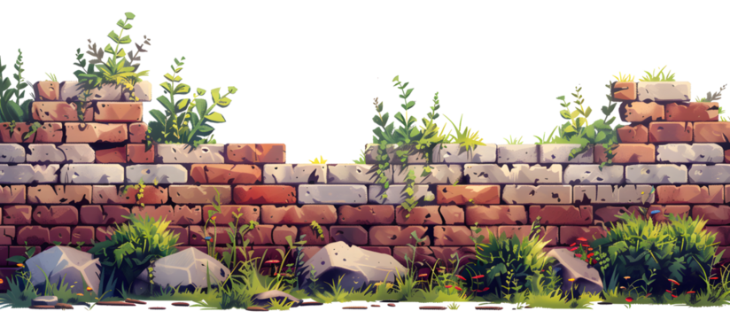 brick wall covered with grass pattern background, 2D game level rocks with grass, cartoon illustration for game design, platformer game elements on white and transparent background