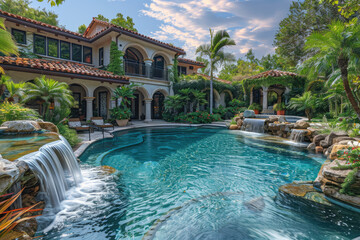 Gorgeous Miami mansion with pool and waterfall, tropical garden. Created with Ai