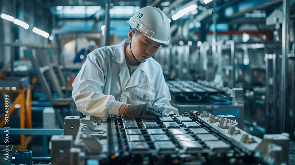 Poster a man in a white lab coat is working on a car engine. he is wearing gloves and goggles, and the imag