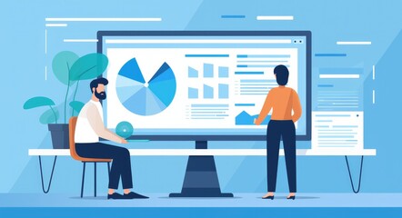 people looking at an online dashboard with graphs and charts