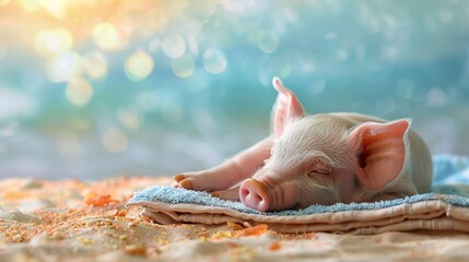 Pig sleeping on a beach towel flat design side view sunbathing theme watercolor colored pastel