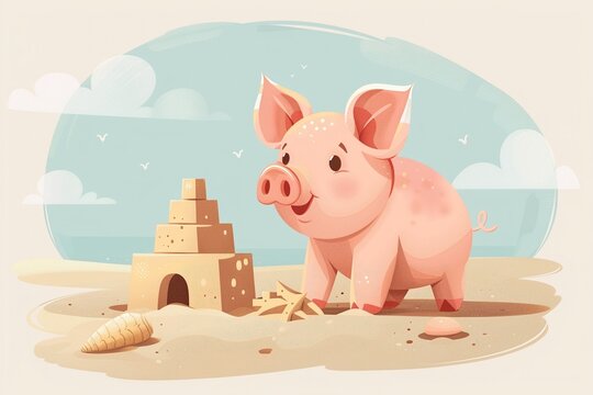 pink pig building sandcastle on the beach clip art preview