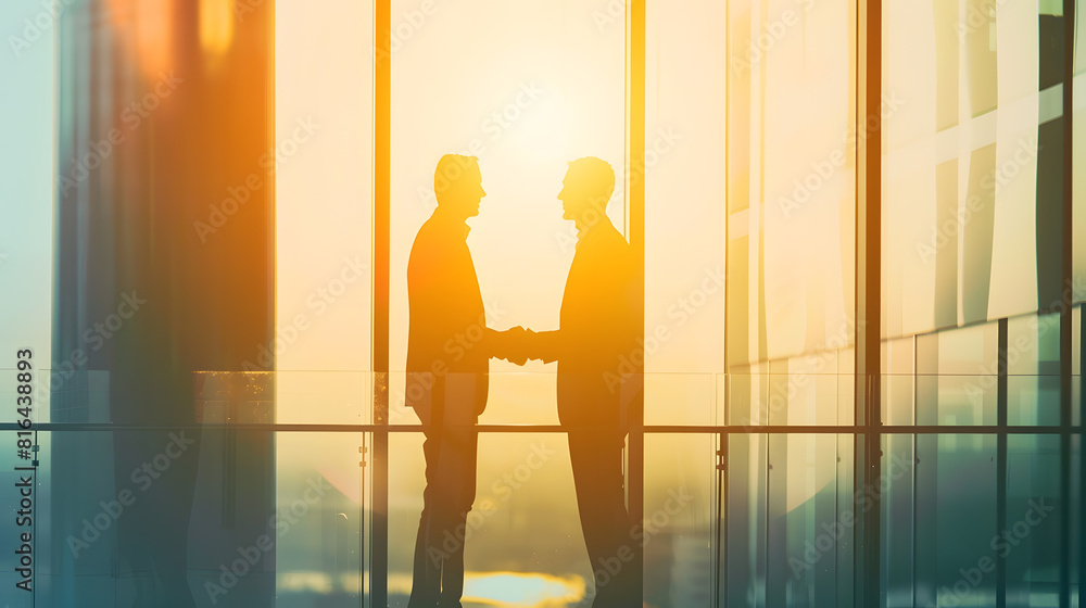 Aufkleber Silhouette of two businessmen handshaking together while standing near window with dusk sunlight background : Generative AI