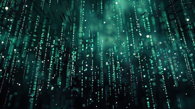 Matrix inspired digital rain with cascading green code against a dark backdrop