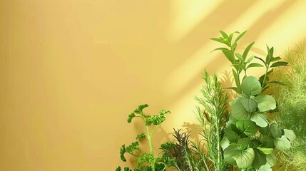 Photorealistic illustration of fresh herbs against a yellow pastel background with copy space for text or logo, beautifully illuminated by studio lighting