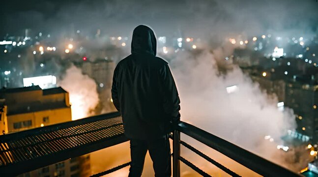 Looking at a rioting city from a building top