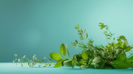 Photorealistic illustration of fresh herbs against a blue pastel background with copy space for text or logo, beautifully illuminated by studio lighting