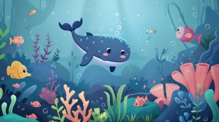 Colorful underwater scene featuring cute cartoon fish, hand drawn in animation style