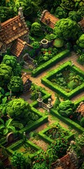 Serene pixel art garden scene with a cozy house in the distance generative ai