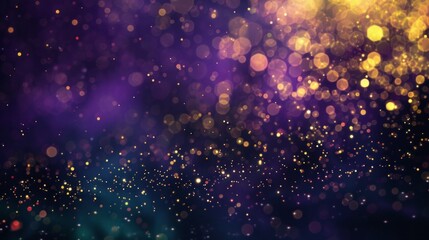 Fototapeta premium Abstract blur bokeh banner background. Gold bokeh on defocused emerald purple background 