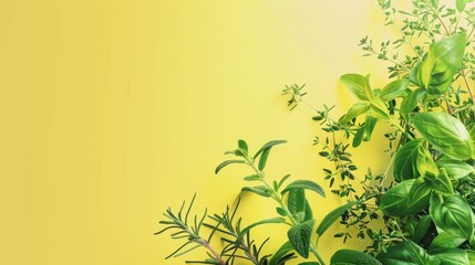 Photorealistic illustration of fresh herbs against a yellow pastel background with copy space for text or logo, beautifully illuminated by studio lighting 