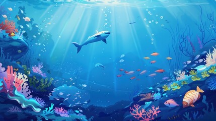 Vibrant underwater scene with cartoon fish, hand drawn in 2D animation style