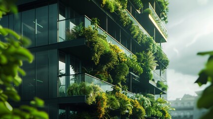 Detailed close-up of a green building with innovative plant installations, showcasing sustainability in architecture, clear isolated view
