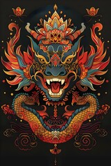 Vibrant Ethnic Tattoo Design Featuring Mythical Naga Serpent and Lotus Flowers in Synthwave Style