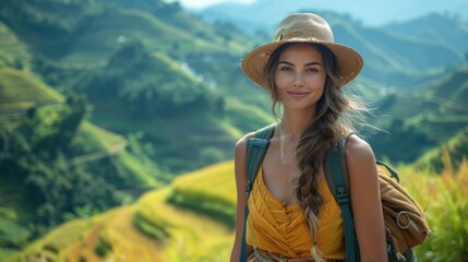 Eco-friendly traveler experiencing local culture in a rural community