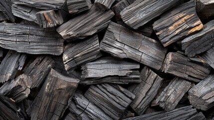 Close-up top view of hardwood charcoal, displaying its rugged beauty and quality, perfect for advertising, on an isolated background