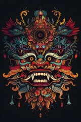 Fototapeta premium Vibrant Ethnic Tattoo Design Featuring Traditional Indonesian Motifs and Mythical Creatures