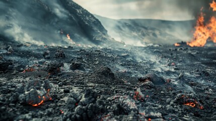 Close-up, stark imagery of a burnt mountain, with a focus on the ash-covered ground and residual burning embers, isolated background