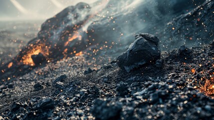 Close-up, stark imagery of a burnt mountain, with a focus on the ash-covered ground and residual burning embers, isolated background