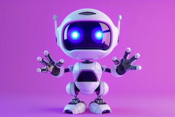 Fototapeta premium 3D rendering of a cute robot character with blue glowing eyes pointing its finger to the right on a purple background. The style is in the style of AI technology concepts.