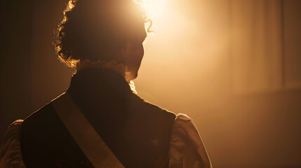 Silhouette Man in 18th century camisole and wig doing welcoming : Generative AI