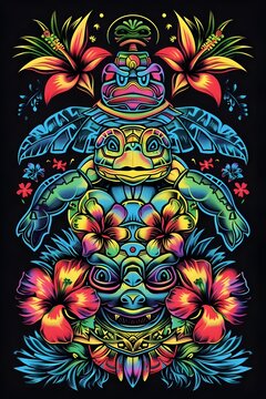 Vibrant Hawaiian Inspired Tribal Tattoo Design with Turtles Tikis and Floral Motifs