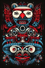 Fototapeta premium Vibrant Inuit Inspired Tattoo Design with Flair Otherworldly Arctic Symbols and Totems on Dark Background