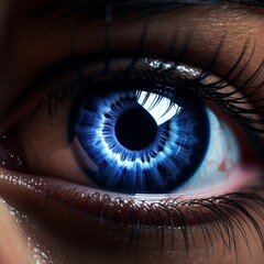 3d rendering  of A glowing blue eye with black eyelashes.