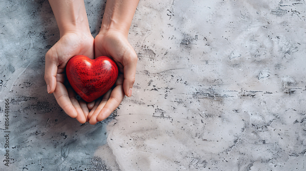 Poster against a smooth, minimalist background, hands are shown holding a striking red heart, creating an u
