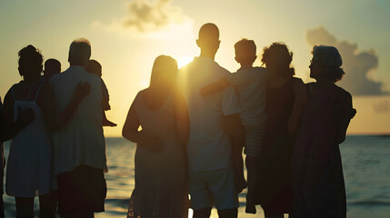 Rear View Of Multi Generation Family Silhouetted On Beach : Generative AI - Powered by Adobe
