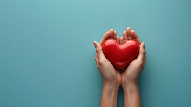 Against a smooth, minimalist background, hands are shown holding a striking red heart, creating an unreal and visually captivating image. The simplicity and generous copy space make it suitable for