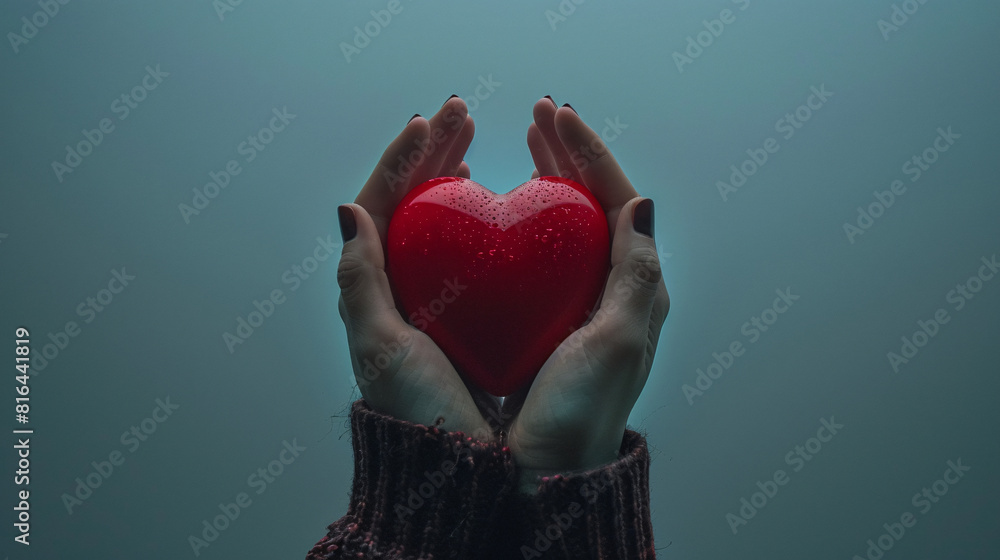 Poster in a surreal minimalist setting, hands present a bold red heart, standing out against a monochromati