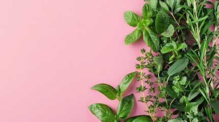 Photorealistic illustration of fresh herbs against a pink pastel background with copy space for text or logo, beautifully illuminated by studio lighting 