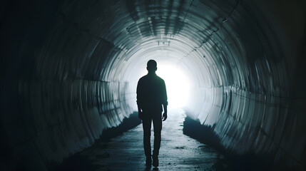 silhouette of man shoulders slumped walking out of a dark tunnel towards a bright light : Generative AI