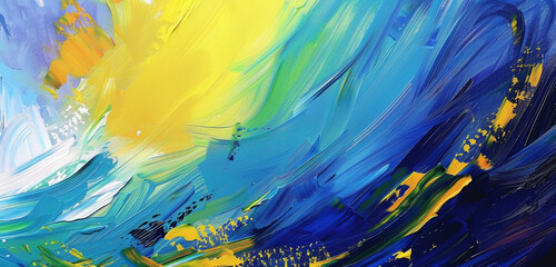 Dynamic lime and indigo abstract brush strokes, vibrant canvas art.