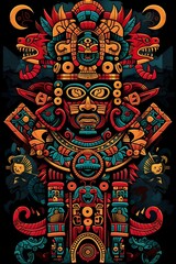 Obraz premium Vibrant Mayan Inspired Tattoo Design with Mythological Symbols and Glyphs on Black Background