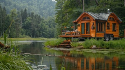Obraz premium Off-grid travel experience in a tiny house surrounded by nature