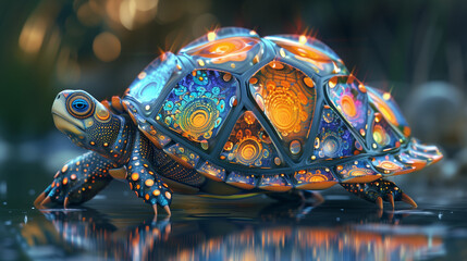 Endearing extraterrestrial turtle From a distant planet Made of Mandelbrot iridescent scales